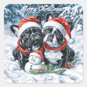 Franse Bulldogs en Sneeuwman Kerstmis Vierkante Sticker