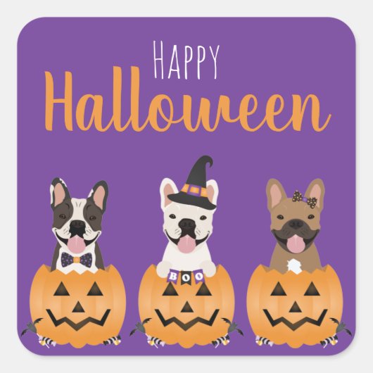 Franse Bulldogs Happy Halloween Vierkante Sticker (Voorkant)