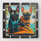Franse Bulldogs Jet Ski Fun Vierkante Klok (Voorkant)