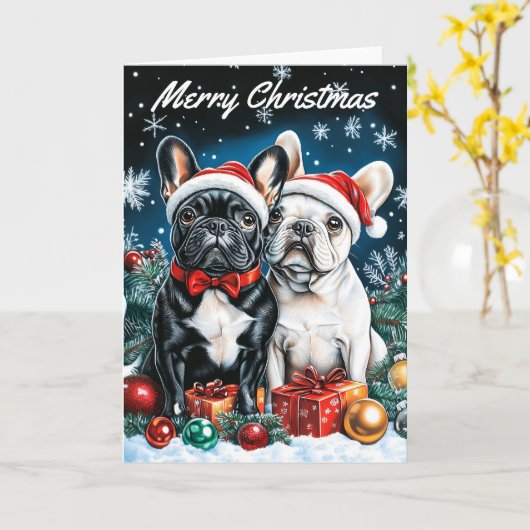 Franse Bulldogs Kerstmis Kaart (Gele Bloem)