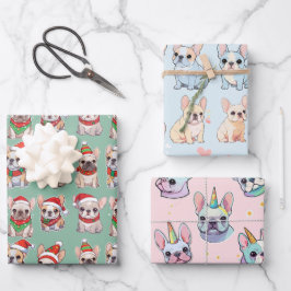 Franse Bulldogs Pastel kerstpatroon Inpakpapier Vel