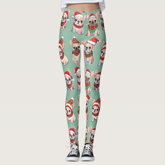 Franse Bulldogs Pastel kerstpatroon Leggings (Voorkant)
