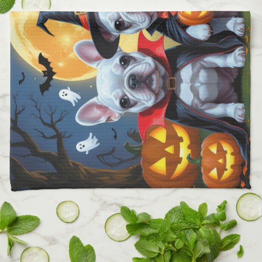 Franse Bulldogs Pompoen Halloween Grappig Theedoek (Gevouwen)