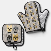 Franse Bulldogs visgraat grijs Ovenwant & Pannenlap Set (Voorkant / Achterkant)