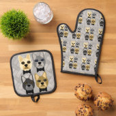 Franse Bulldogs visgraat grijs Ovenwant & Pannenlap Set (Top down)