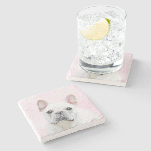 Franse bulledog (crème/wit) schilderen - hondenkun stenen onderzetter (Zijkant)