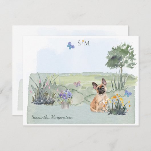 Franse bulledog Dog Butterfly Monogram naam Notitiekaartje (Voorkant / Achterkant)