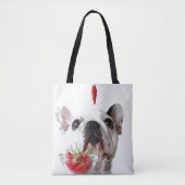 Franse bulledog kijkt naar een rode hond tote bag (Voorkant)