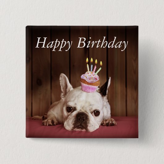 Franse bulledog met Birthday Cupcake Vierkante Button 5,1 Cm (Voorkant)