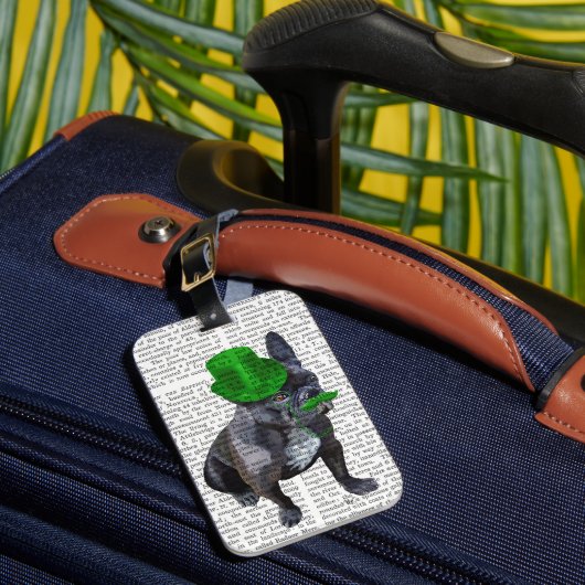 Franse bulledog met Green Top Hat en Mustache Bagagelabel (Voorkant Insitu 1)