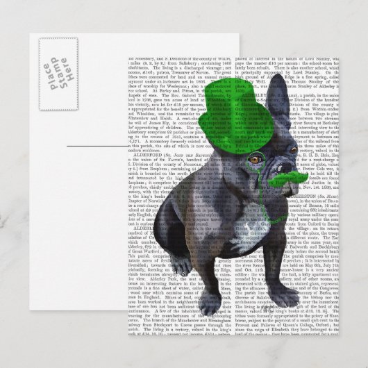 Franse bulledog met Green Top Hat en Mustache Briefkaart (Voorkant / Achterkant)