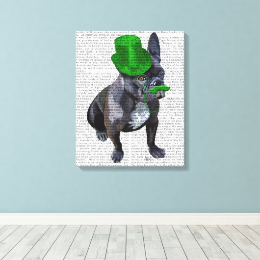 Franse bulledog met Green Top Hat en Mustache Canvas Afdruk (Insitu (Houten vloer))
