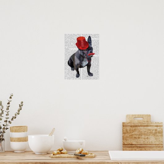 Franse bulledog met Red Top Hat en Mustache Poster (Keuken)