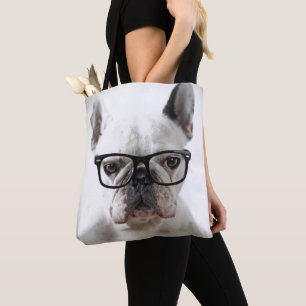 Franse bulledog met zwarte oogbril tote bag