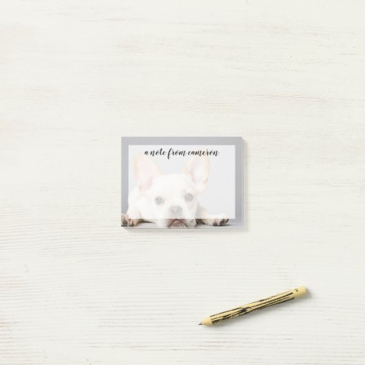 Franse bulledog neerleggend post-it® notes (Op bureau)