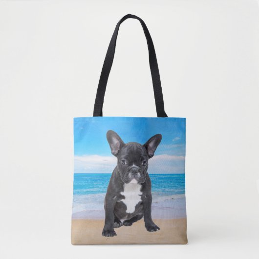 Franse bulledog op strand tote bag (Voorkant)