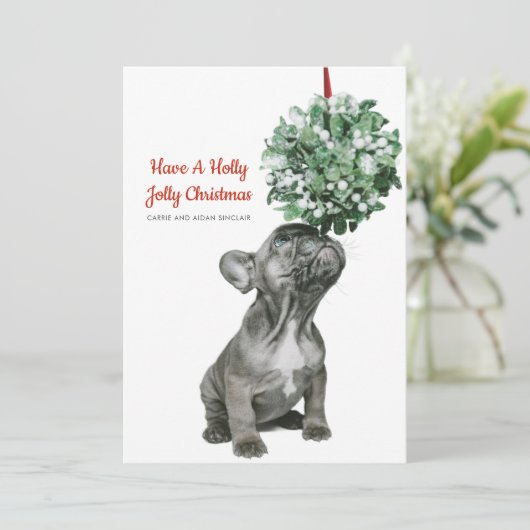 Franse bulledog puppy and mistletoe feestdagenkaart (Staand voorkant)