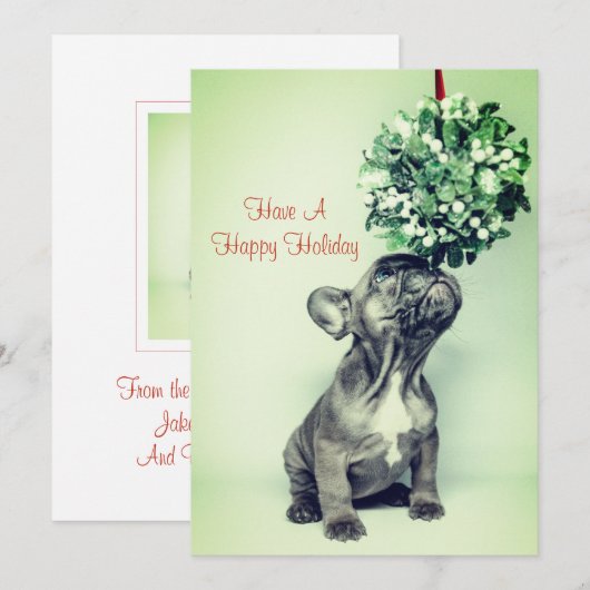 Franse bulledog puppy and mistletoe feestdagenkaart (Voorkant / Achterkant)