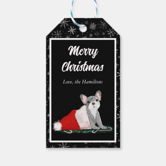 Franse bulledog-puppy op het Pet van Santa Cadeaulabel (Voorkant)