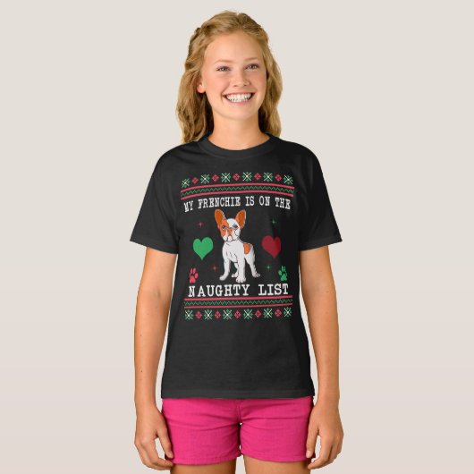 Franse bulledog Ugly kerstSweater Naughty List T-shirt (Voorkant volledig)