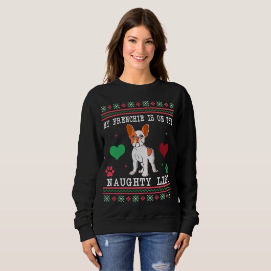 Franse bulledog Ugly kerstSweater Naughty List Trui (Voorkant volledig)