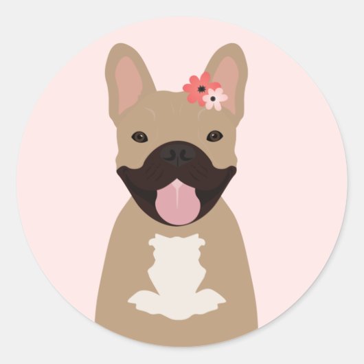 Franse bulledogs glimlachend bloemen Roze Ronde Sticker (Voorkant)