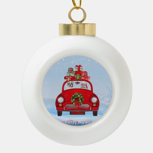 Franse bullehond in auto met kerstman keramische bal ornament (Voorkant)