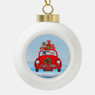 Franse bullehond in auto met kerstman keramische bal ornament