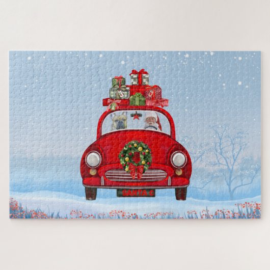 Franse bullehond in auto met kerstman legpuzzel (Horizontaal)