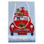 Franse bullehond in auto met kerstman medium cadeauzakje (Voorkant)