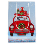 Franse bullehond in auto met kerstman medium cadeauzakje (Achterkant)