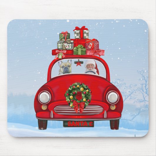 Franse bullehond in auto met kerstman muismat (Voorkant)