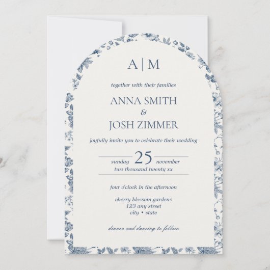  Franse Chinoiserie Blauwe Bloemen Huwelijk Kaart (Voorkant)