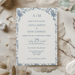 Franse Chinoiserie Blauwe Bloemen Huwelijk Kaart