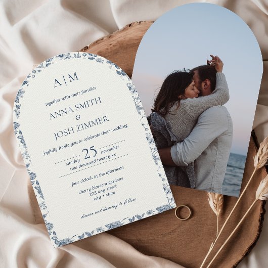  Franse Chinoiserie Blauwe Bloemen Huwelijk Kaart