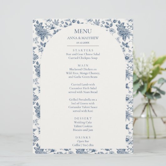 Franse Chinoiserie Bloemenblauw Huwelijk Menu (Staand voorkant)