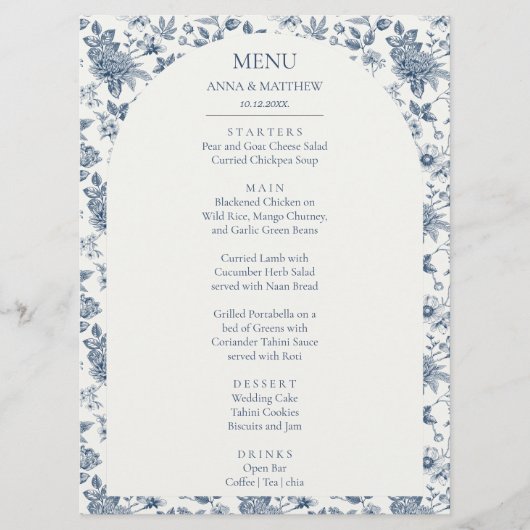 Franse Chinoiserie Bloemenblauw Huwelijk Menu (Voorkant)