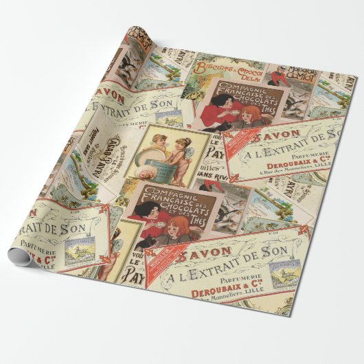  Franse Chocolade Reclame Collage Cadeaupapier (Uitgerold)