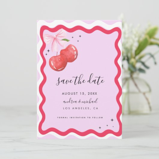 Franse  Coquette Cherry Wavy Lijst bruiloft Save The Date (Staand voorkant)