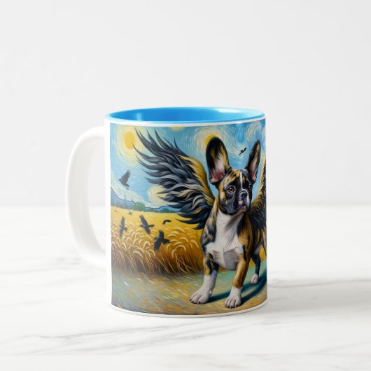 Franse Corgi met Fantasy Crow Wings Tweekleurige Koffiemok (Voorkant links)