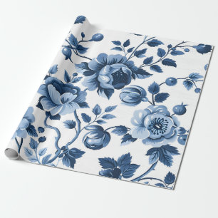 Franse CottageCore Blauwe Bloemen Patronen Cadeaupapier