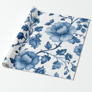 Franse CottageCore Blauwe Bloemen Patronen Cadeaupapier