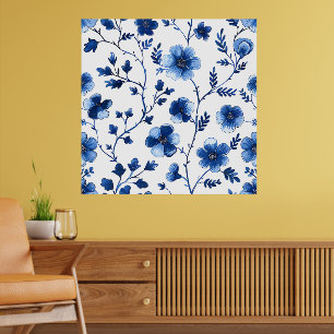 Franse CottageCore Blauwe Bloemen Patronen Weefsel Poster