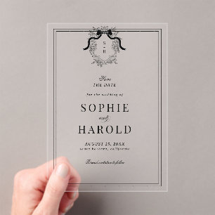Franse Crest Coquette Bow Monogram Huwelijk Acryl Uitnodigingen