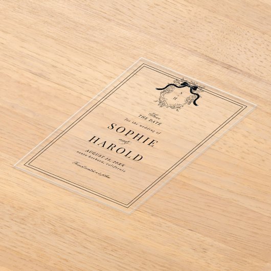 Franse Crest Coquette Bow Monogram Huwelijk Acryl Uitnodigingen (Laagn)