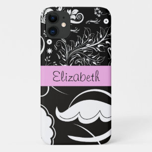 Franse Damask, Flowers, Black and White, Jouw naam iPhone 11 Hoesje