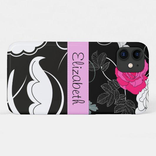 Franse Damask, Flowers, Black and White, Jouw naam Case-Mate iPhone Case (Achterkant (horizontaal))