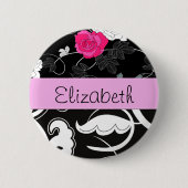 Franse Damask, Flowers, Black and White, Jouw naam Ronde Button 5,7 Cm (Voorkant)