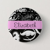 Franse Damask, Flowers, Black and White, Jouw naam Ronde Button 5,7 Cm (Voorkant)