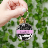 Franse Damask, Flowers, Black and White, Jouw naam Sleutelhanger (Hand)